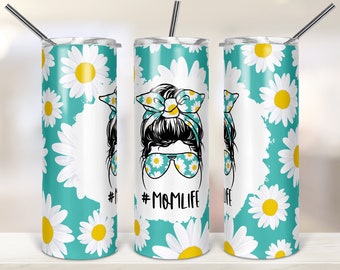 Messy Mom Life Bun Hair Seamless Daisy 20oz Skinny Tumbler Sublimation Designs Tumbler for Straight/Tapered PNG File Digital Download