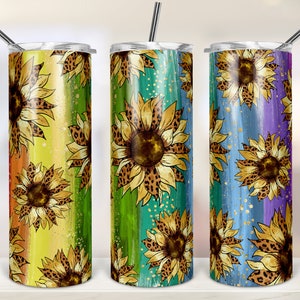 Seamless 20oz Skinny Tumbler Sublimation Designs Leopard Sunflower Rainbow Tumbler for Straight/Tapered Tumbler PNG File Digital Download