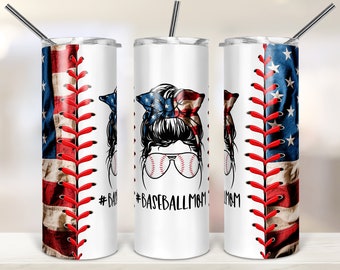 May include: A white tumbler with a red, white, and blue baseball design. The tumbler has a red baseball stitch design on the side and the text "#BASEBALLMOM" on the front.