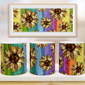 Mug Wrap 11oz Mug Sublimation Designs Leopard Sunflower Rainbow Floral Mug PNG File Digital Download