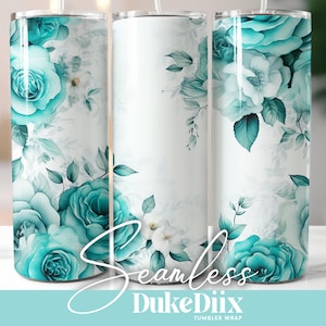 Teal Aqua Floral Tumbler Wrap Seamless Sublimation Design 20oz Skinny Tumbler for Straight/Tapered Tumbler PNG File Digital Download