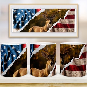 Mug Wrap 11oz Mug Sublimation Designs Deer Hunting American flage Mug PNG File Digital Download