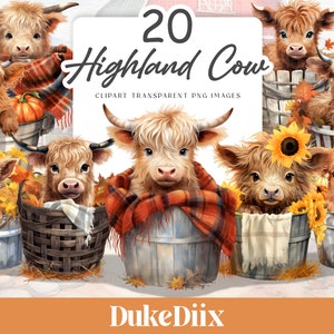 Herbst Baby Highland Kuh im Korb Clip Art Transparenten Hintergrund PNG Datei digitaler Download für kommerzielle Nutzung