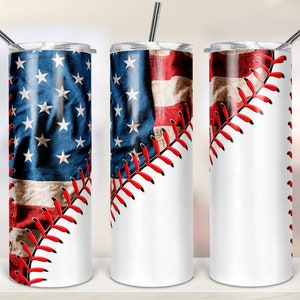 May include: Three stainless steel tumblers with a baseball and American flag design. The tumblers are white with a red, white, and blue American flag design on one side and a red baseball stitch design on the other side.