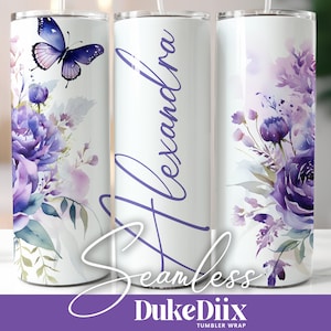 Add Your Own Name Tumbler Wrap Seamless Purple Floral Butterfly Tumbler Wrap Sublimation Design 20oz Skinny Tumbler PNG Digital Download