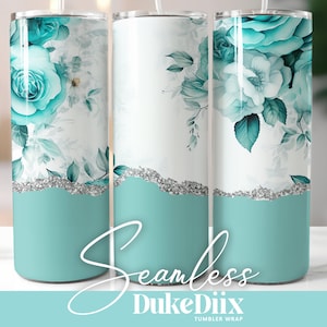 Teal Aqua Floral Tumbler Wrap Seamless Sublimation Design 20oz Skinny Tumbler for Straight/Tapered Tumbler PNG File Digital Download