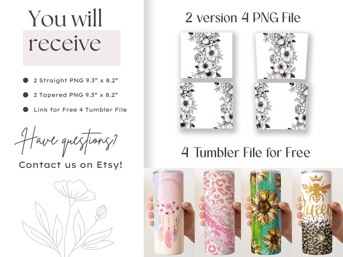 Add Your Own Name Tumbler Wrap Seamless Black White Boho Floral Tumbler ...