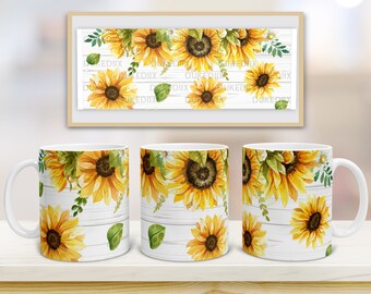 May include: Three white ceramic mugs with a sunflower design. The mugs feature a white background with a watercolor design of sunflowers, leaves, and a woodgrain pattern.