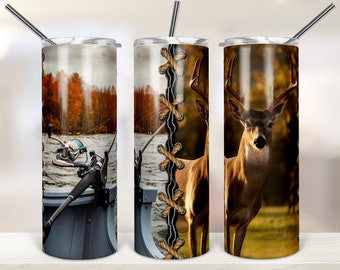 May include: Three stainless steel tumblers with different designs. The first tumbler features a fishing rod and reel in a lake with fall foliage in the background. The second tumbler has a brown and white deer with a rope design on the side. The third tumbler features a brown and white deer in a field with fall foliage in the background.