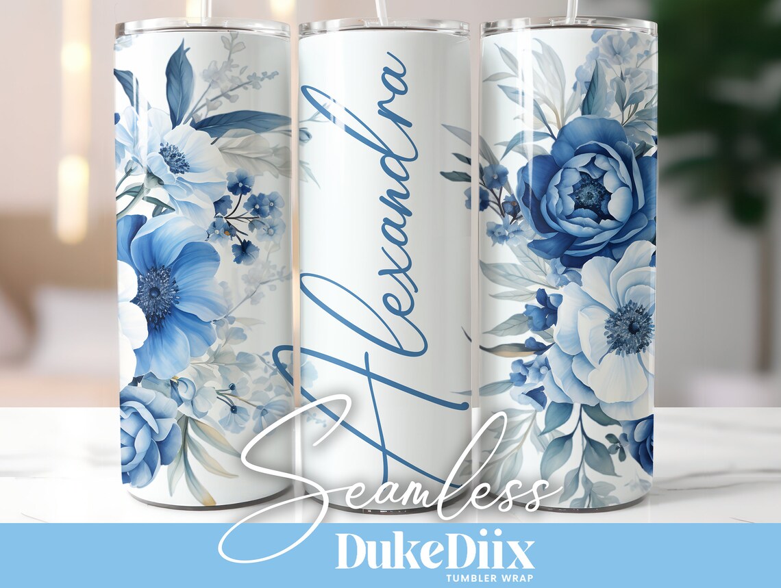 Add Your Own Name Tumbler Wrap Seamless Blue Floral Tumbler Wrap ...