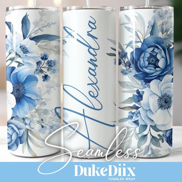 Ajoutez votre propre nom Gobelet sans couture floral bleu Wrap sublimation Design 20 oz Skinny Tumbler PNG en téléchargement numérique