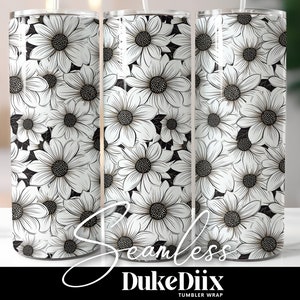 Black and White Florals Tumbler Wrap Seamless Sublimation Design 20oz Skinny Tumbler Straight/Tapered PNG File Digital Download