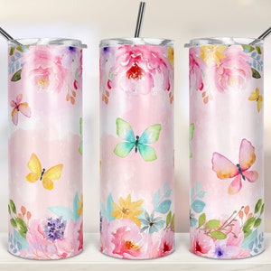 20oz Skinny Tumbler Sublimation Designs Wood Butterfly Flower, Floral Tumbler for Straight/Tapered Tumbler PNG File Digital Download