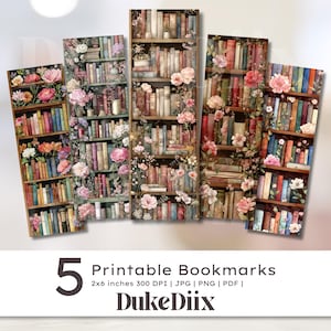 Bookshelf Floral Bookmark Digital Printable Bookmarks Set for Book Lovers, Cute Gifts Digital Download