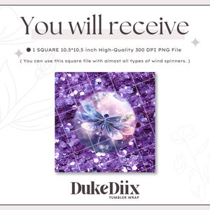 May include: A digital download of a 10.5 inch square image featuring a purple and blue dragonfly on a sparkly purple background. The image is 300 DPI and can be used for crafting projects like wind spinners.