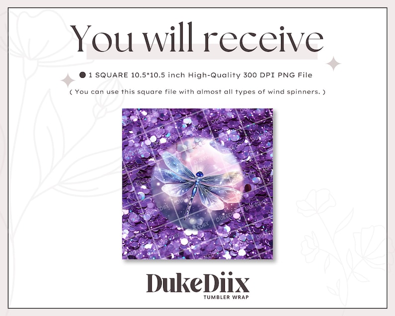 May include: A digital download of a 10.5 inch square image featuring a purple and blue dragonfly on a sparkly purple background. The image is 300 DPI and can be used for crafting projects like wind spinners.