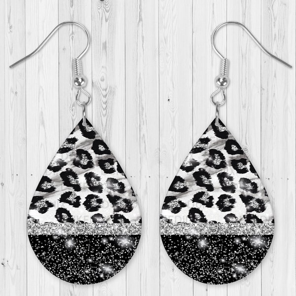 Leopard Marble Glitter Teardrop Earring Sublimation Design PNG File Digital Download