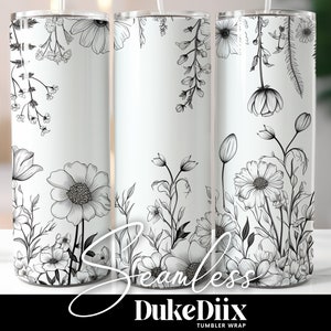Black and White Wild Flowers Tumbler Wrap Seamless Sublimation Design 20oz Skinny Tumbler Straight/Tapered PNG File Digital Download