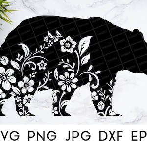 Floral Bear SVG, Mama Bear svg, Floral Animal svg , Floral Bear Silhouette svg, Bear With Flower SVG files for Cricut