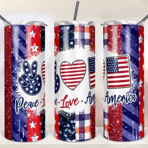 4th of July Peace Love America 20oz Skinny Tumbler Sublimation Designs Tumbler for Straight/Tapered PNG File Digital Download