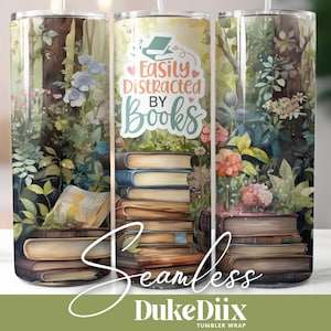 Easily Distracted By Books Tumbler Wrap Seamless Sublimation Design 20oz Skinny Tumbler Straight Tapered Tumbler PNG File Digital Download