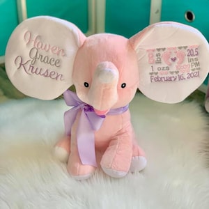 Pink elephant birth stat stuffy