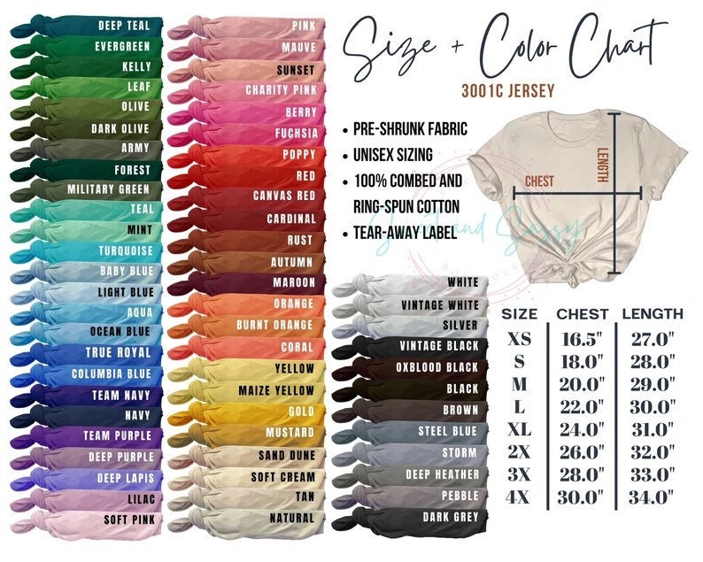 May include: A size and color chart for a 3001C Jersey t-shirt, featuring a variety of colors like Deep Teal, Evergreen, and Poppy. The chart includes chest and length measurements in inches, and lists features like pre-shrunk fabric and unisex sizing.