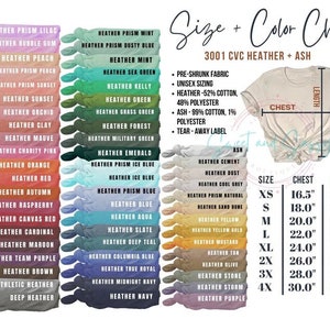May include: Color chart for 3001 CVC Heather + Ash t-shirts. The chart displays various heather colors, including Prism Lilac, Bubble Gum, Peach, and others. Measurements are provided in inches for chest and length, ranging from XS to 4X.