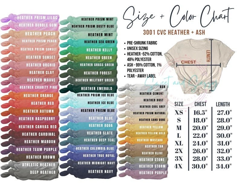 May include: Color chart for 3001 CVC Heather + Ash t-shirts. The chart displays various heather colors, including Prism Lilac, Bubble Gum, Peach, and others. Measurements are provided in inches for chest and length, ranging from XS to 4X.