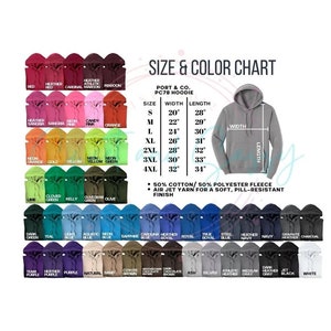 May include: Color chart for Port & Co. PC78 hoodies, showcasing various colors like red, blue, and green. The chart includes size details, width, and length measurements in inches, along with fabric information.