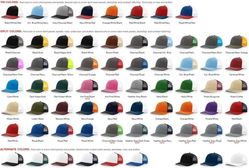 May include: A chart showing a variety of trucker hats with different color combinations. The hats are arranged in rows and columns, with each hat showing a different color combination for the crown, mesh back, and visor. The text "TRI-COLORS" and "SPLIT COLORS" are at the top of the chart, indicating the different color combinations.