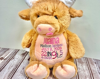 Embroidered Highland Cow Stuffed Animal: Personalized Birth Stats Gift
