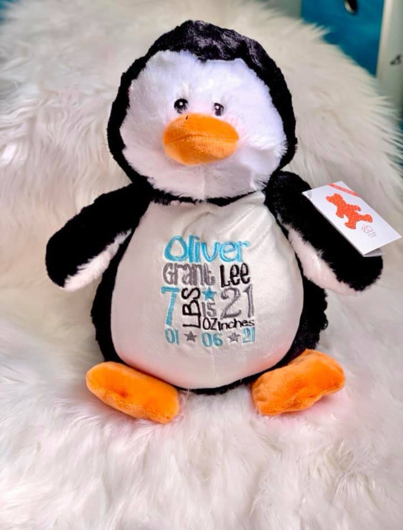 刺繍入りペンギンの誕生統計ぬいぐるみ、パーソナライズされたベビー