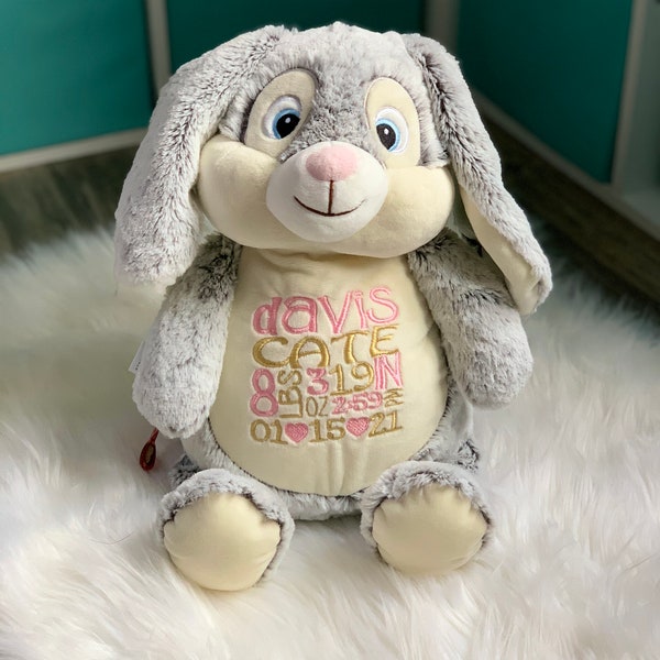 Bunny birth stat stuffy, embroidered bunny, baby gift, first birthday, baby shower gift, Embroidered animal, birth info stuffed animal