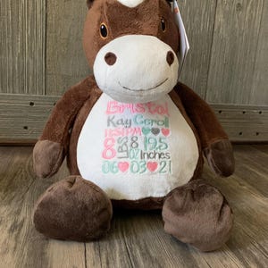 Op de afbeelding: Een bruin en wit pluche paard met geborduurde details. Het paard heeft een wit gezicht en een bruin lichaam. De borduurwerk bevat de naam "Bristol Kay Geral", de datum "06 03 21" en het gewicht en de lengte "8 lbs 19.5 inches".