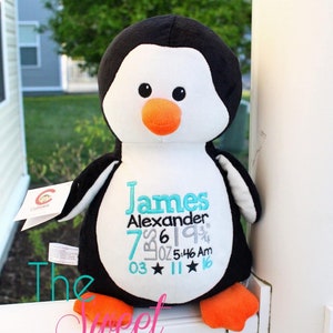 Penguin birth stat stuffy, personalized stuffed animal, Christmas 2024, embroidered stuffed animal, penguin stuffy, baby shower gift, mom