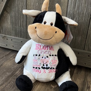 Custom Cow birth stat stuffed animal, personalized stuffed animal, Christmas gift, birth announcement, new baby, embroidered stuffed animal