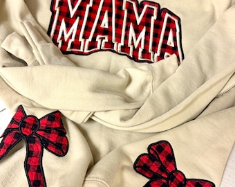 Embroidered Bow Mama Sweatshirt: Plaid Side Bow Crewneck