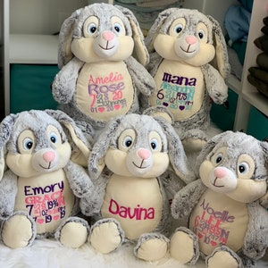 Bunny embroidered birth stat stuffy