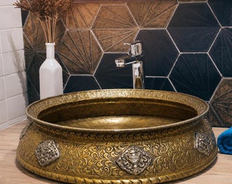Antique Brass Countertop Bathroom Vessel Sink Basin | Hand Hammered Spa Pedicure Bowl with Footrest