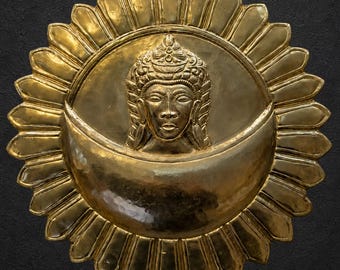 Brass Crescent Moon Buddha Wall Hanging | Handmade Celestial Decor | Nepal Origin