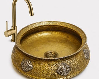 Antique Brass Bathroom Vessel Sink Basin | Handmade Spa Pedicure Bowl with Footrest