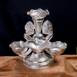 Silver Plated Laxmi Ganesh Diya Tika Dani for Puja Aarati | Copper Diya Lamp Tikadaani for Pooja