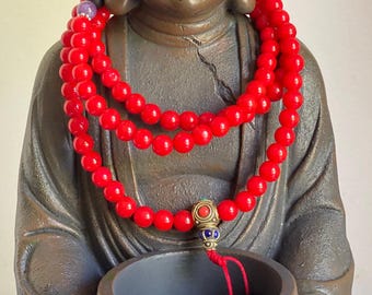 Red Coral Chanting Buddhist Prayer Mala Beads Handmade in Nepal Red Bead Necklace Long Bead Wrist Bracelet