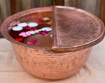 Copper Pedicure Bowl with Removable Foot Rest | Spa Foot Bath Basin | Feet Soak Warming Massage Tub | Flower Decoration Bowls