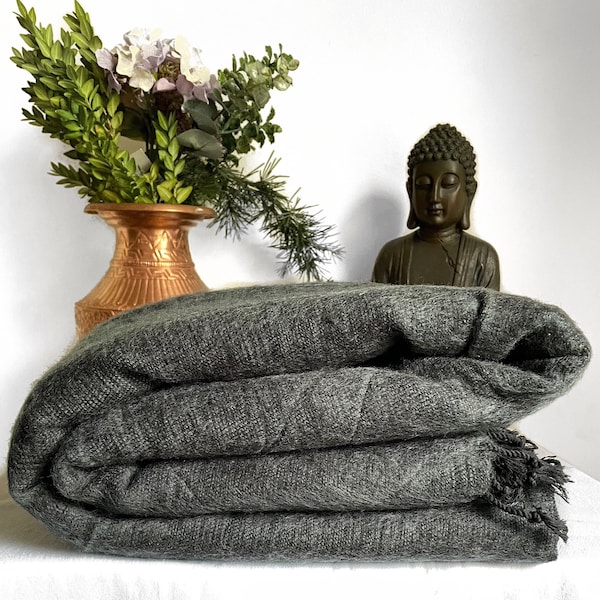 Charcoal Yak Wool Meditation Blanket 'XL' | Yogic Shawl | Travel Friendly Wraps | Big Sized Woolen Throw | Light-weighted | Soft | Warm