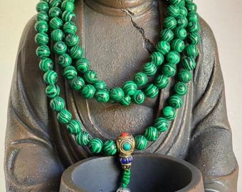 Malachite Green Chanting Buddhist Prayer Mala Beads Handmade in Nepal Green Bead Necklace Long Bead Wrist Bracelet
