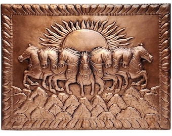 7 Horses Running Under the Sun Copper Canvas Wall Hangings Home Decor, Hand Hammered Artwork, Handmade in Nepal, Best Housewarming Gifts