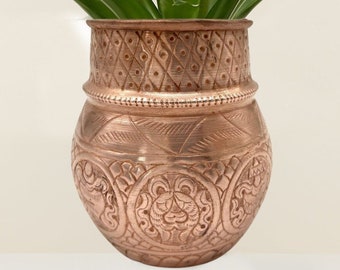 Copper Floral Pot Vase Indoor Metal Planter | Home Decor Flowerpot | New Home Housewarming Gift | Asthamangala Hand Carvings