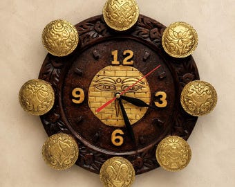 Handmade Wood and Brass Ashtamangala Wall Clock, Buddhist Decor, Made in Nepal